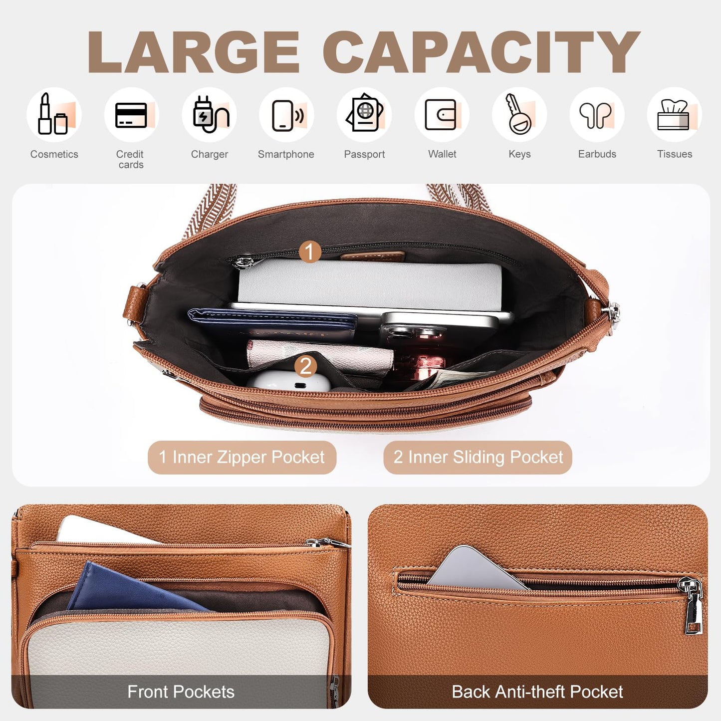 SYTRAH Anti-Theft Crossbody Purse for Women, Crossbody Shoulder Bag with Built-in Wallet & RFID Blocking for Travel Workout Beige Brown