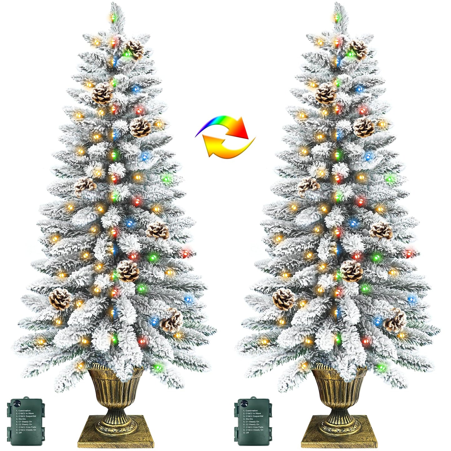 2 Pack 4 Ft Snow Flocked Christmas Entrance Tree in Pot Base with Timer 8 Mode 60 Warm White and Colorful Change Lights 12 Pine Cone Battery Operated for Porch Front Door Entryway Home
