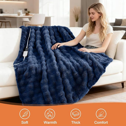 Heated Blanket Electric Throw Blanket 50''X 60''-Heating Blanket with 6 Heat Settings-4 Hours Auto Off,Cozy Faux Rabbit Fur Bubble Electric Blanket,Navy Blue