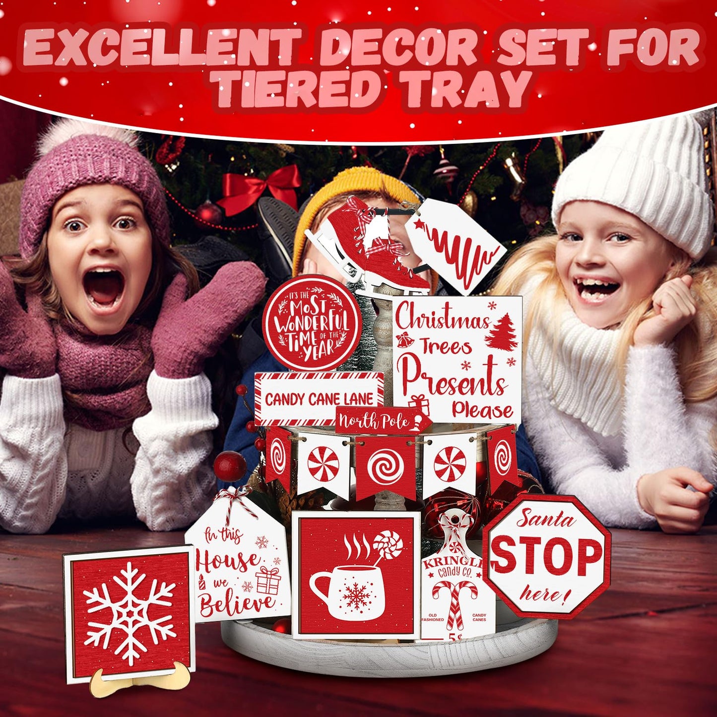 FairySandy 15 Pcs Christmas Tiered Tray Decor Rustic Christmas Decorations Candy Hot Cocoa Snowflake Wood Sign Xmas Tiered Tray Winter Farmhouse Rustic Table Decor for New Year Home Shelf Tabletop