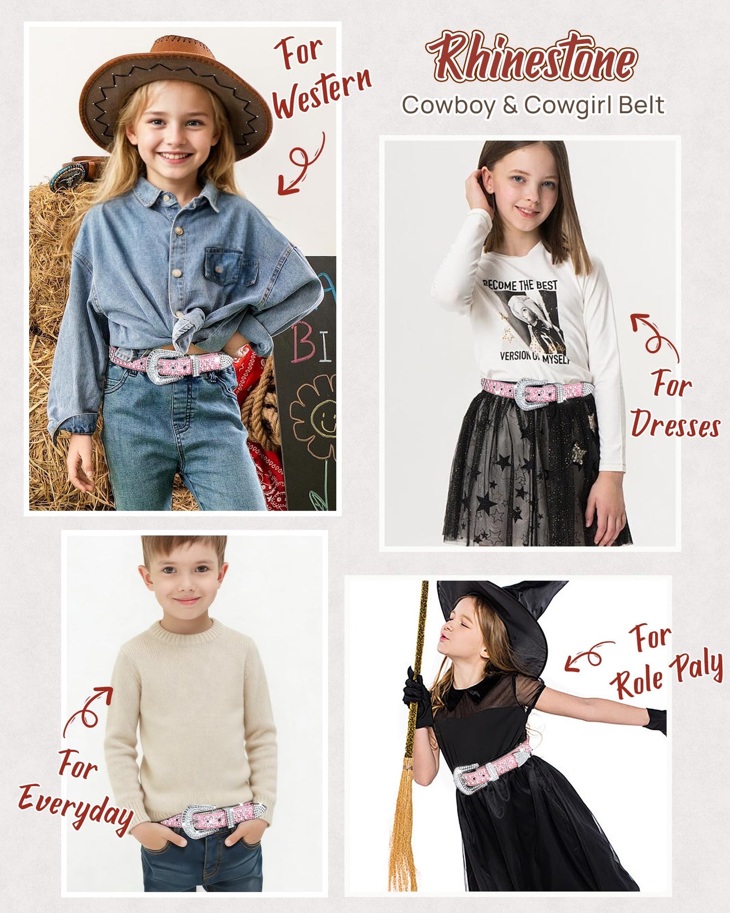 AWAYTR Kids Rhinestone Western Belt -Sparkly Cowboy Cowgirl Belt for Horse Shows School Plays Daily Jeans (#1-Pink, Fit Waist: 25"-29")