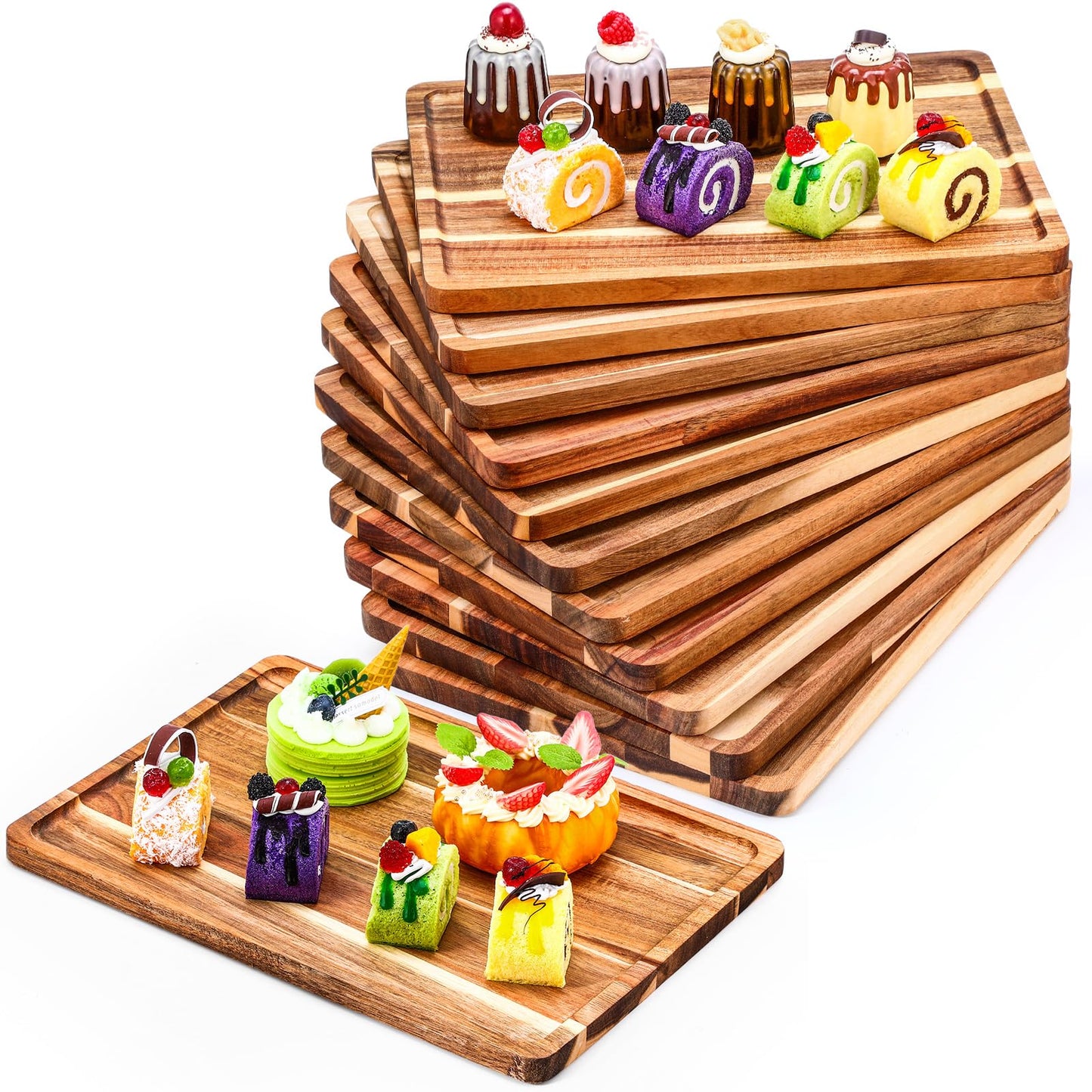 Roshtia 12 Pcs Acacia Wood Serving Tray Rectangular Wooden Serving Platter Christmas Dinner Plates Wood Cheese Charcuterie Board for Food Vegetable, Charcuterie, Appetizer (10'' X 14'' X 0.6'')