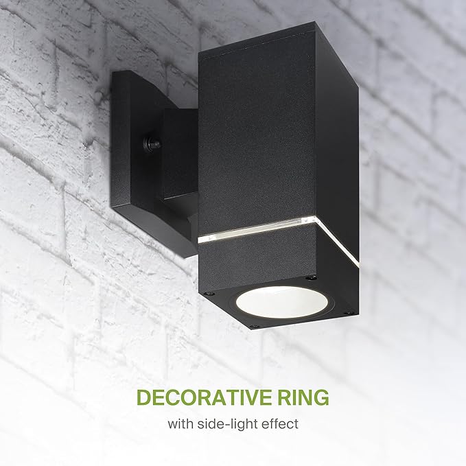ASD 1 Light Square Outdoor Wall Light Fixture | 60W E26 Bulb Socket 120V ETL Cylinder Up Down Lights | LED/CFL/Incandescent Bulb Exterior Wall Sconce | Front Door, Porch Patio | Ringed Black