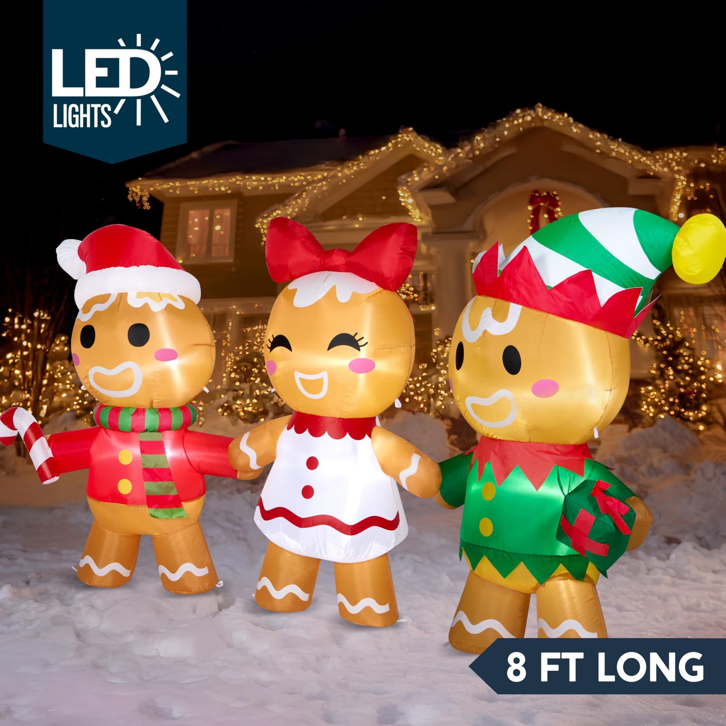 Joiedomi 8 FT Long Christmas Inflatable Gingerbread Decoration, Christmas Blow Ups Three Gingerbread Men Yard Decoration with LEDs, Cute Xmas Gingerbread Inflatable for Outdoor Yard Garden Lawn Decor