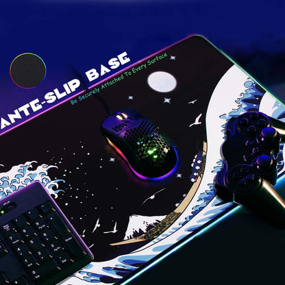 MEWOOCUE Gaming Laptop Mouse Pad,Sea Wave Big Mice Pads PC Keyboard Waterproof and Non-Slip 31.5 x 11.9 0.12" Thick XL,XXL Rubber Table Mat, RGB Led with 10 Lighting Modes+9 Color Changing Modes Mat