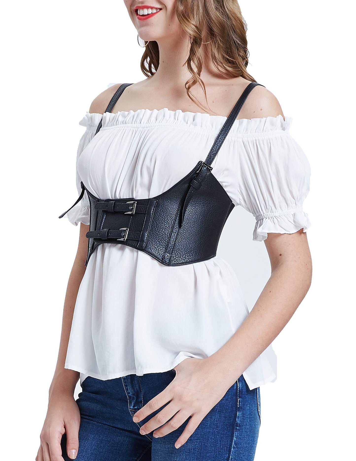 KANCY KOLE Womens Faux Leather Steampunk Sexy Underbust Waist Belt Corset(M,Black)