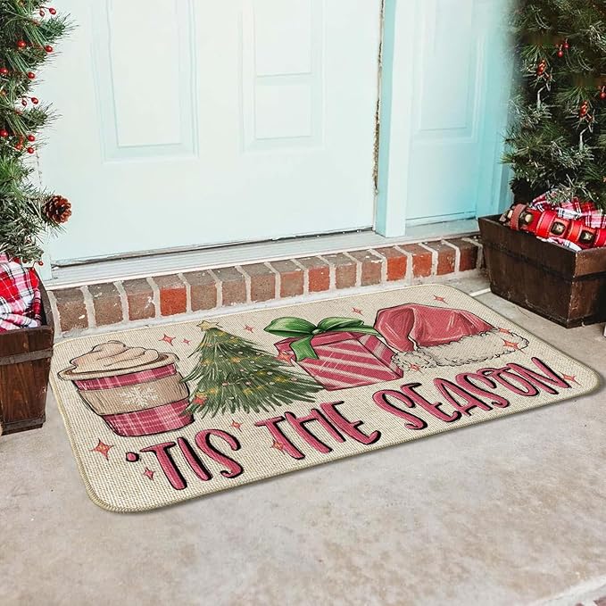 Christmas Hat Front Door Mat Indoor Outdoor Entrance 17x29, Tis The Season Xmas Winter Washable Non-Slip Rubber Pink Doormat Inside Outside Entrance, Welcome Floor Mat for Home Holiday Decor AH31