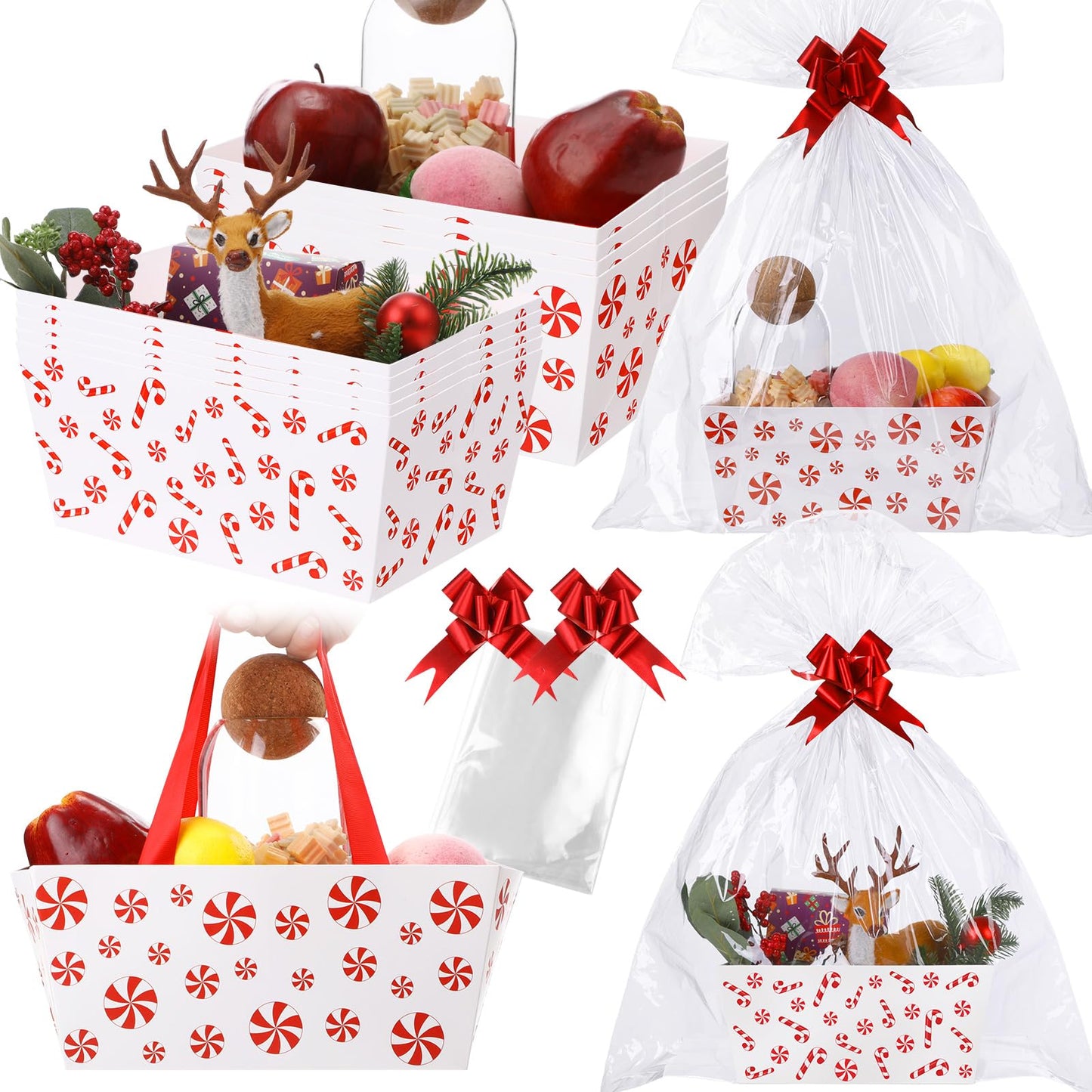 Moinchore 12 Pcs Christmas Basket for Gifts Empty 9.8 x 6.5'' Candy Cane Market Tray Red Cardboard Basket with Bows, Plastic Bags, Twist Ties, Empty to Fill for Holiday Birthday Xmas Party Favor