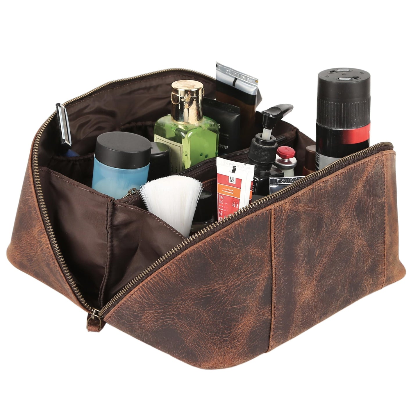 KomalC Luxury Leather Men’s Toiletry Travel Bag – Handmade Shaving Kit with Waterproof Interior, Spacious Storage & Carry Handle – leather travel Kit Bag for Men & Women (Dark Brown)