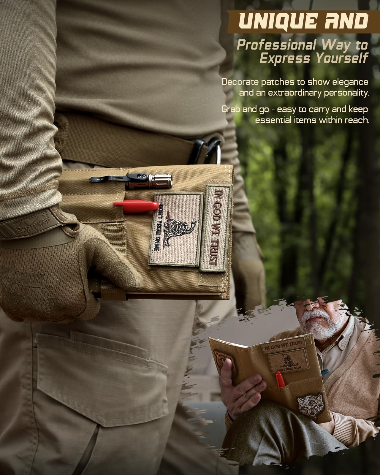 Tactical Book Cover for 5.5" x 8" Military Log Book, Green Book Protective Holder, Detachable Army Field Notebook Cover with Flag Patch, for Protecting (Tan, 5.7x8.7 in)