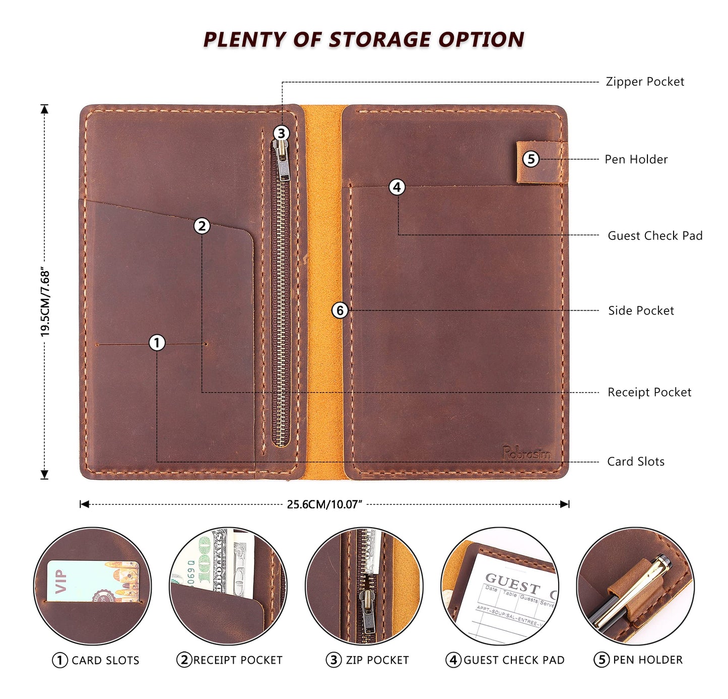Server Book Organizer with Zipper Pocket, Genuine Leather Restaurant Guest Check Presenters Card Holder for Waitress, Waiter Accessories Fit Server Apron - Brown