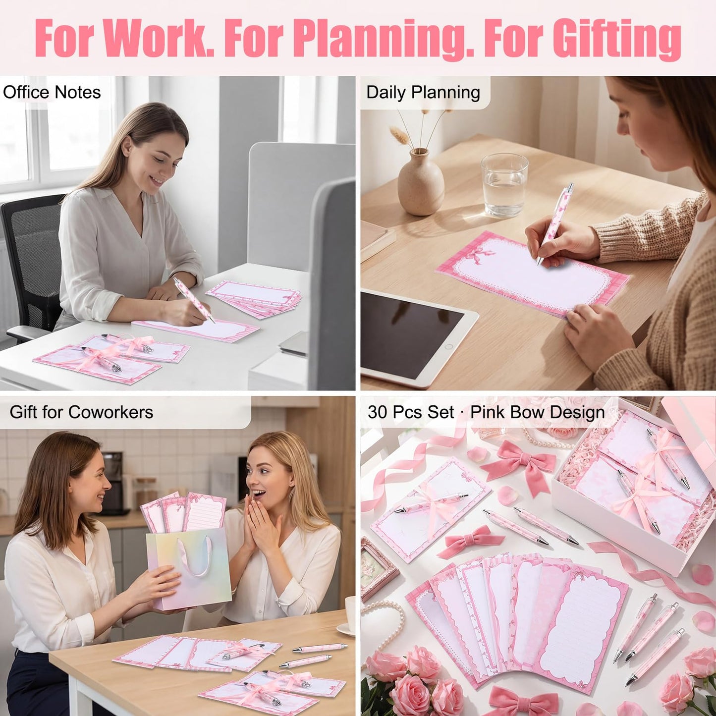 Tellingyou 30 Pcs Pink Bow Sticky Notes with Pens, Cute Memo Pads with Ribbons, 3.9x7.8 Inch to Do List Notepad Set, Bulk Pink Stationery Gifts for Women Coworker Office Supplies Bridal Shower Favors