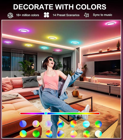 CLOUDY BAY [6 Pack] 4 Inch Smart LED Recessed Ceiling Light with RGB Back Light,Hub Included,10W 2700K-6500K,2W Color Changing Ultra-Thin Recessed Lighting, Baffle Trim Wafer Downlight, Hub Included