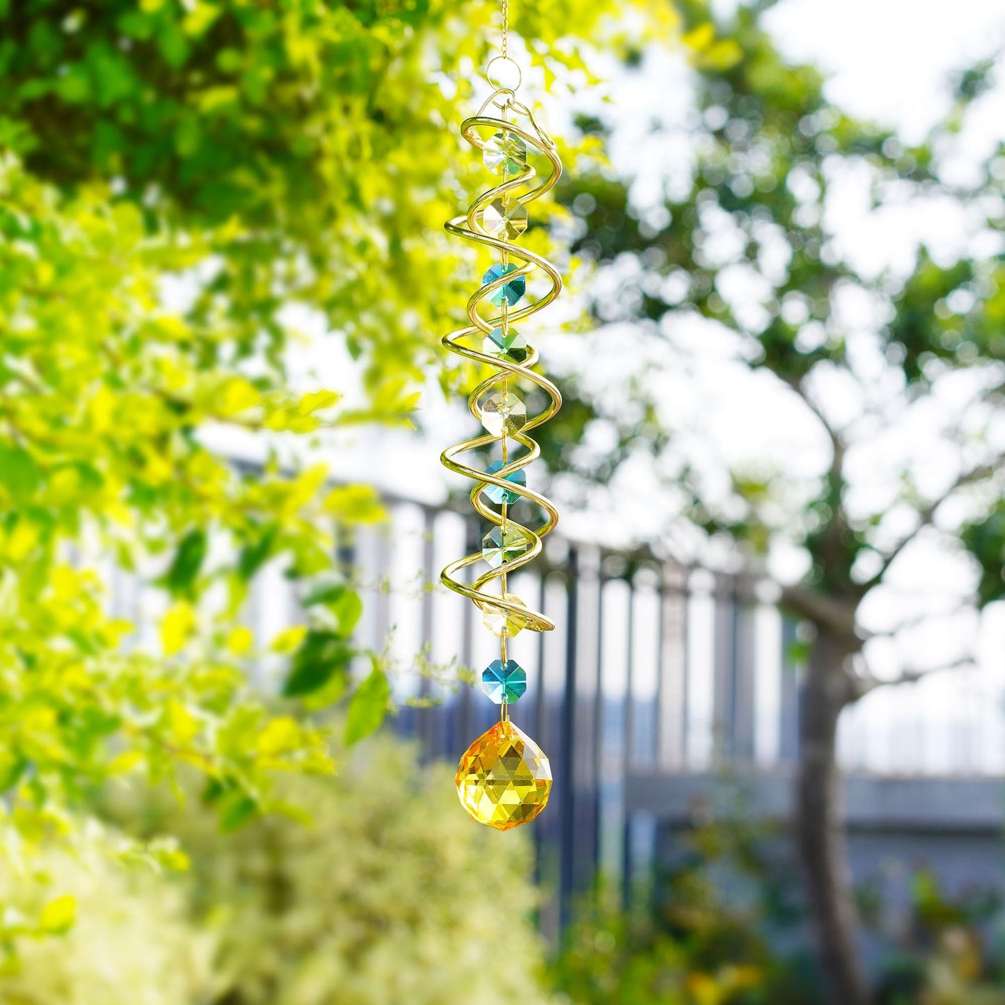 H&D HYALINE & DORA Glass Gazing Ball Spiral Tail Decorative Sun Catcher,20.5in Rainbow Maker Double-Spiral W/Yellow Crystal Ball Prism Sun Catcher for Indoor Outdoor Garden Decoration