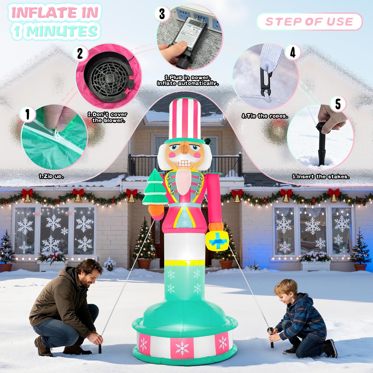 Spinosaurus 8FT Christmas Inflatable Outdoor Decoration Inflatable Nutcracker Blow Up Pink Nutcracker Decor with Lights for Yard Lawn Garden