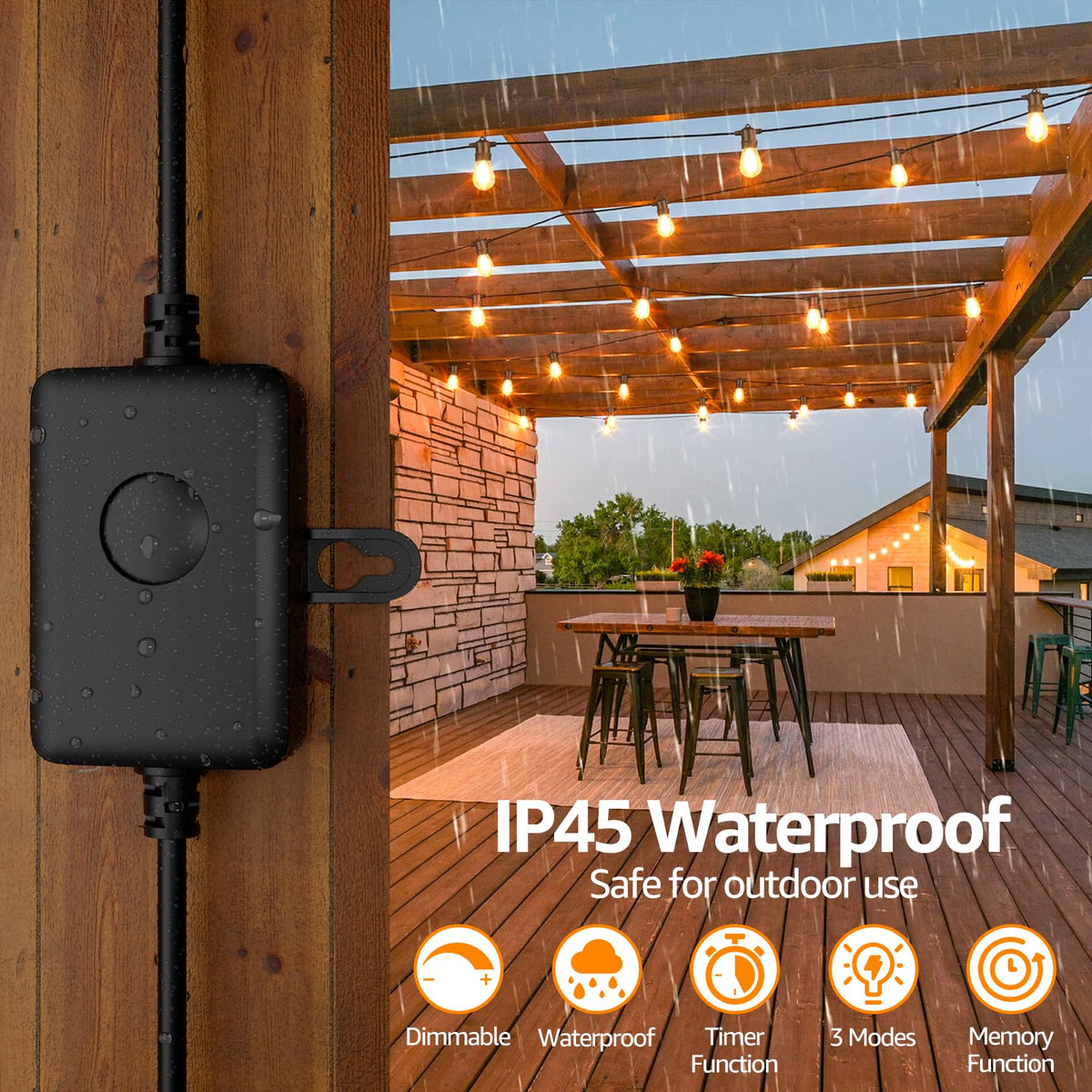 Larkvue 120W Outdoor Dimmer for String Lights with Remote, 4 Brightness, 3 Modes, Timer & Memory Function, Waterproof Plug Switch for S14/ST38/G40