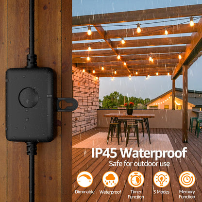 Larkvue 120W Outdoor Dimmer for String Lights with Remote, 4 Brightness, 3 Modes, Timer & Memory Function, Waterproof Plug Switch for S14/ST38/G40