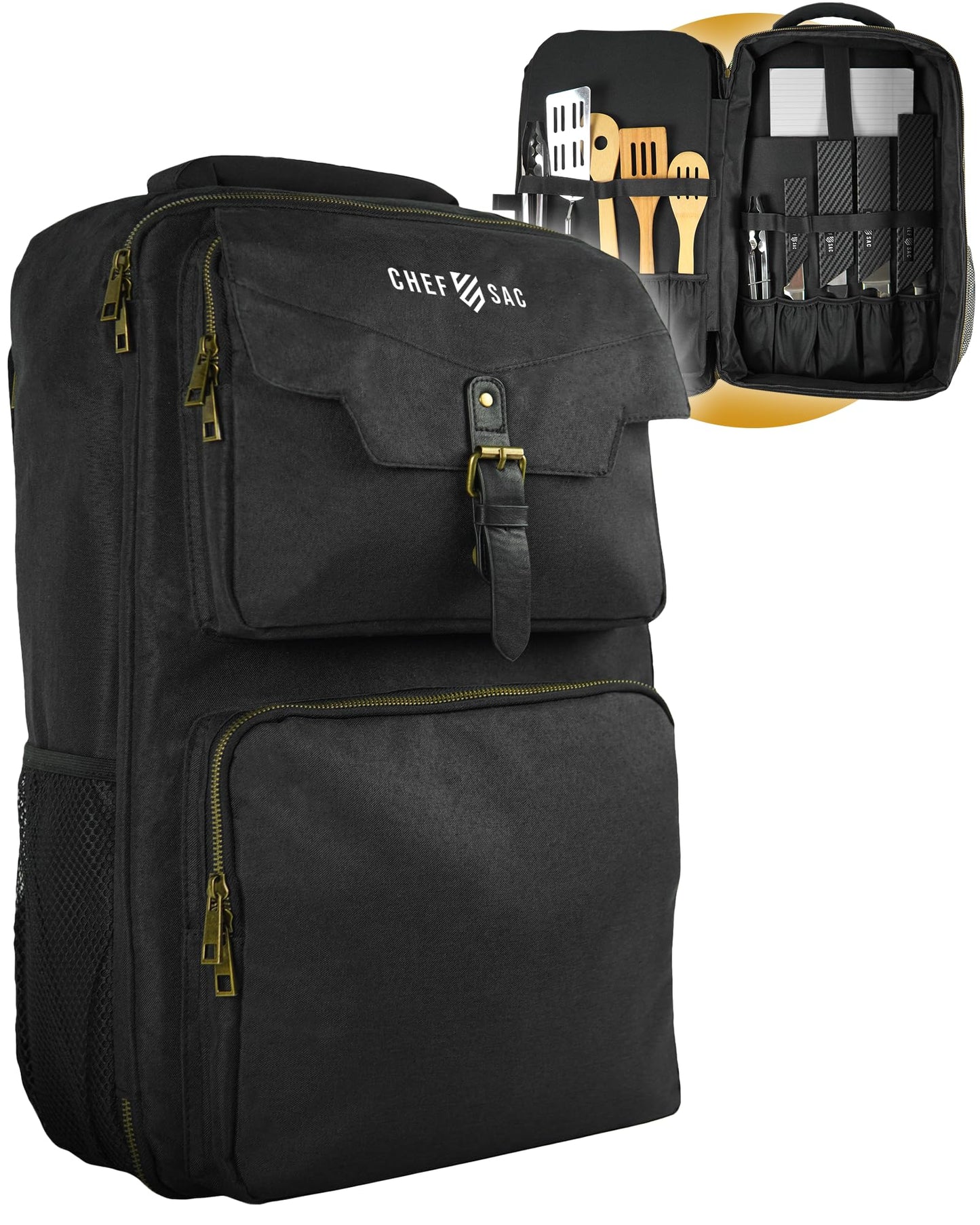 Chef Knife Backpack TRAVELLER - Patented Knife Retention Panels with Hook-and-Loop, Water Resistant 900D Polyester Canvas, YKK Zippers, Work Bag for Chefs & Culinary Students (Black)