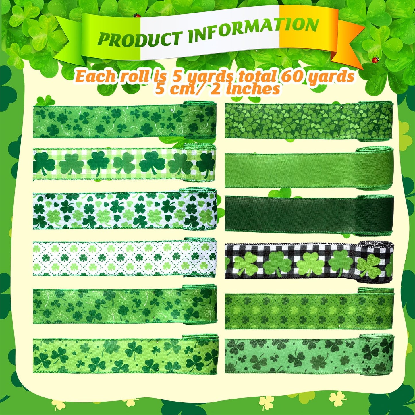 Chunful 12 Rolls St Patrick's Day Wired Edge Ribbon for Wreaths 2 Inch x 60 Yards St Patrick's Day Shamrock Print Grosgrain Ribbon for Gift Wrapping Hair Bow Sewing Wreath Party Supplies 12 Styles
