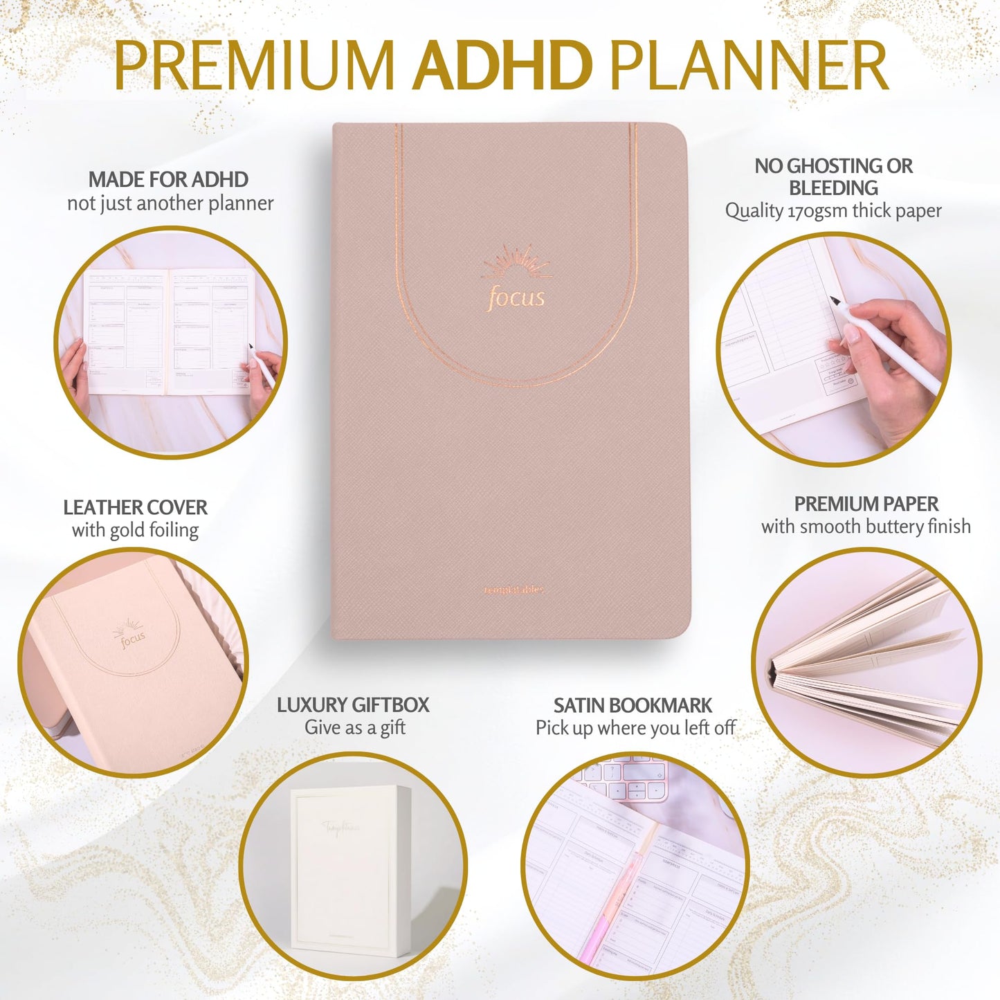 ADHD Daily Planner for Neurodivergent Adults – Premium Leather Productivity & Task Management Planner with Guided Focus Pages, 170gsm Paper, Gold Foiling & Gift Box – Undated Organizer | A5 (Nude)