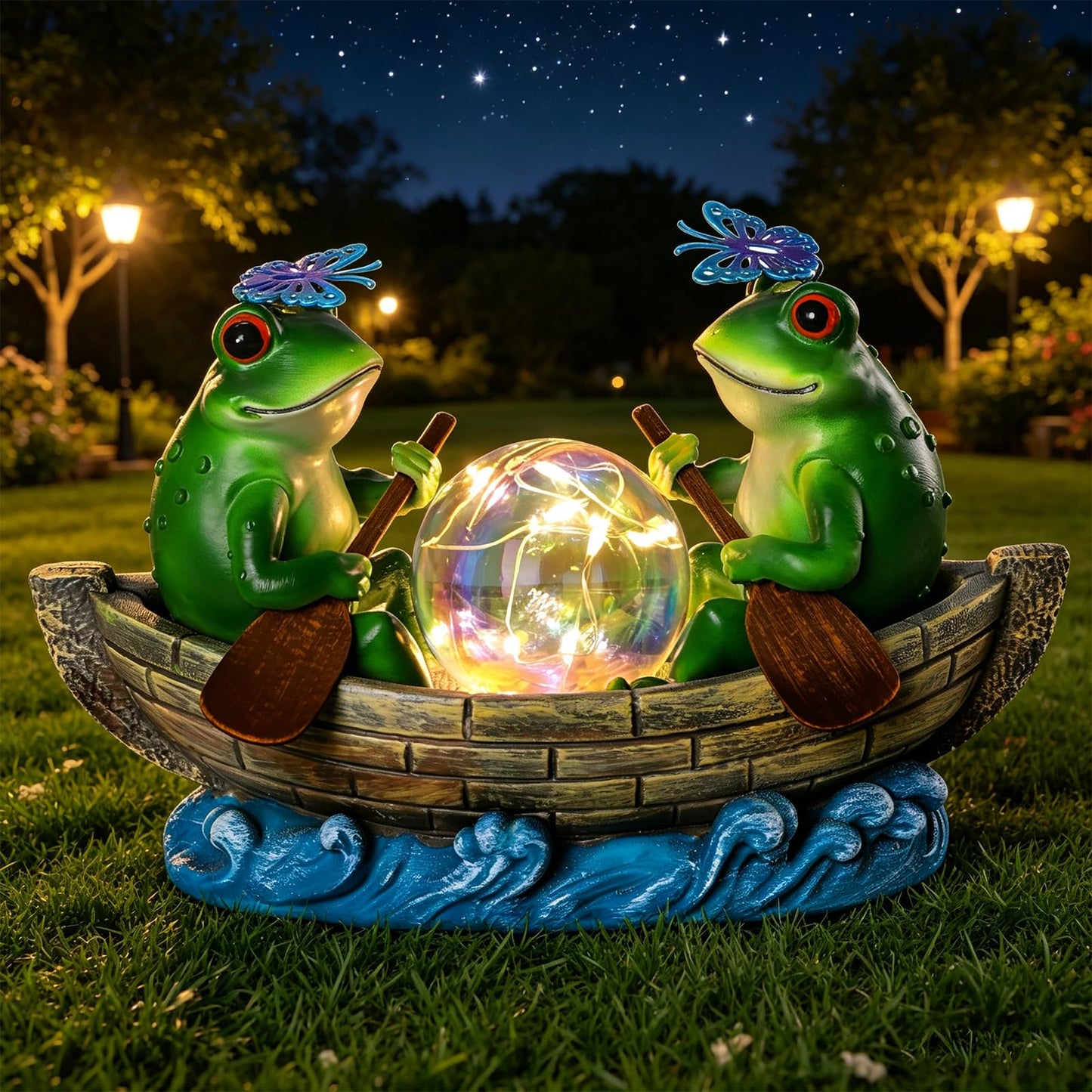YHSOLAR Solar Frog Boating Garden Statue with Ball Light 5.1" Resin Frogs Decor for Home Front Door Patio Porch Balcony Women Gardeners Moms Wives Girlfriends