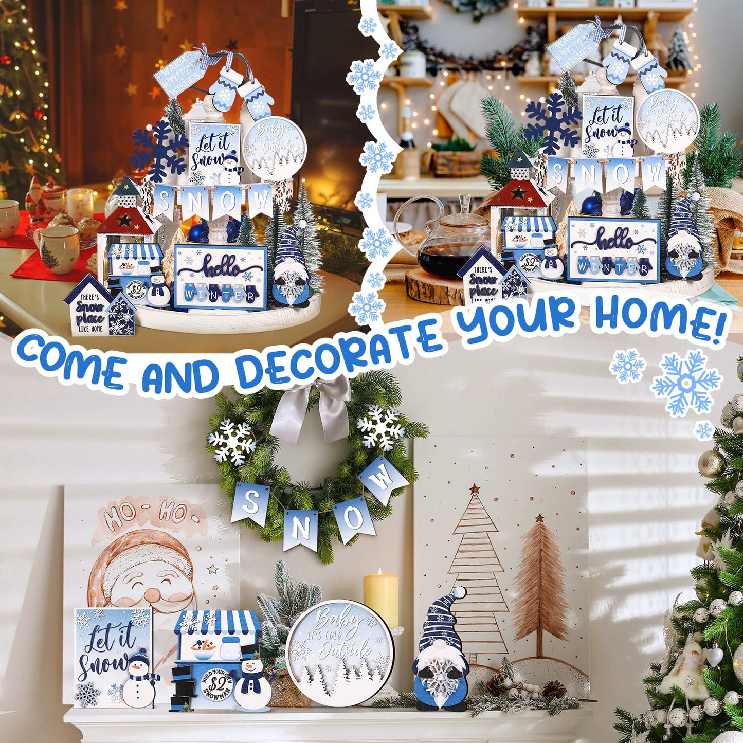 Kajaia 15 Pcs Winter Tiered Tray Decor Christmas Tiered Tray Decorations Set Snowman Snowflake Gingerbread Man Hot Cocoa Wooden Signs Farmhouse Winter Table Decorations(Snowflake)