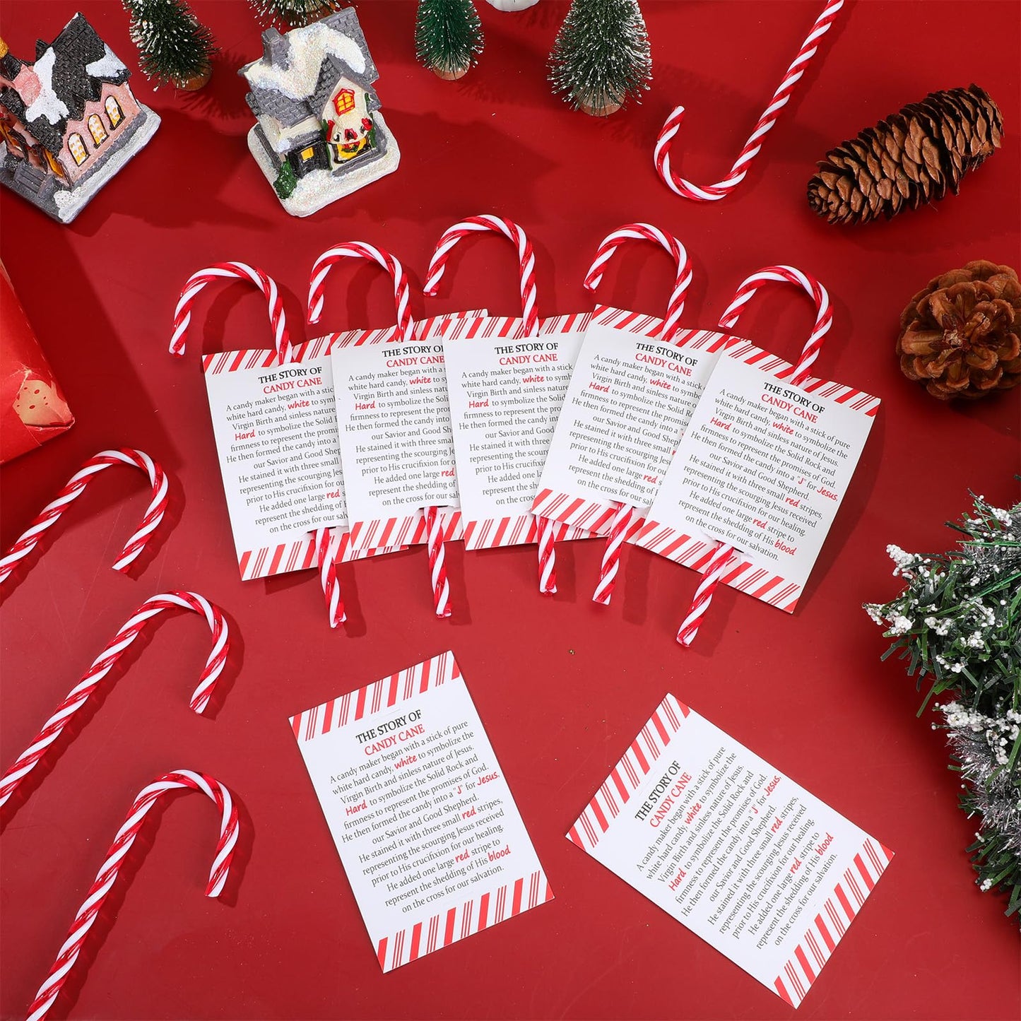 Cinnvoice 24 Sets Christmas Candy Cane Ornament and Candy Cane Meaning Story Cards Plastic Christmas Tree Hanging Ornaments Twisted Red and White Tree Decoration for Xmas Party Supplies