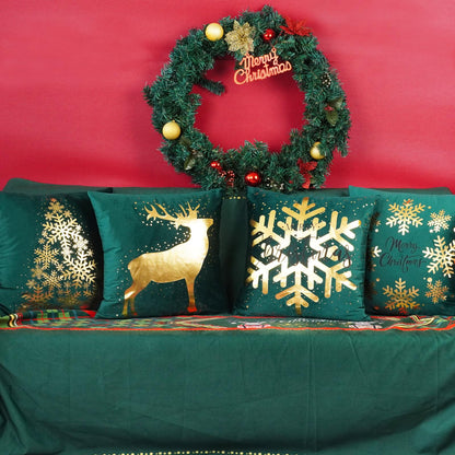 ONWAY Green Christmas Decorations Gold Throw Pillow Covers 20x20 Set of 4 Snowflakes Reindeer Decorative Cushion Cases Xmas Golden Decor for Couch Sofa Bedroom