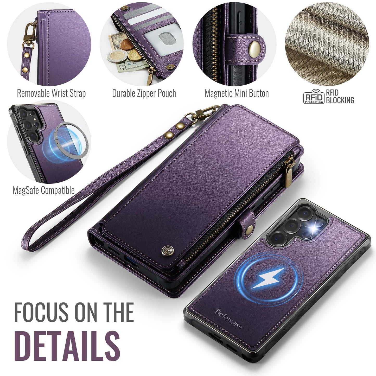 Defencase for Samsung Galaxy S24 Ultra Magnetic Wallet Case Compatible with Magsafe with RFID Blocking Zipper & Card Holder Women, PU Leather Detachable Phone Case for Galaxy S24 Ultra 6.8", Purple