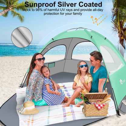 YITGOG Beach Tent Sun Shelter for 3-4 Person, Baby Beach Tent with UV Protection, 3 Mesh Roll Up Windows & 8.0mm Fiberglass, Easy Assemble (Green)