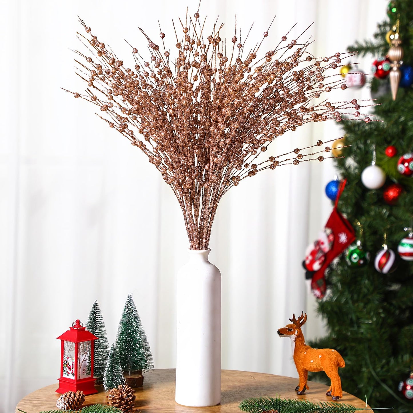 Geosar 14 Pcs Long Artificial Glitter Berry Stem Ornaments 28 Inch Christmas Picks Christmas Tree Decoration Stems Xmas Decorative Bead Sticks Glittery Twig Branches for DIY Wreath Decor(Rose Gold)