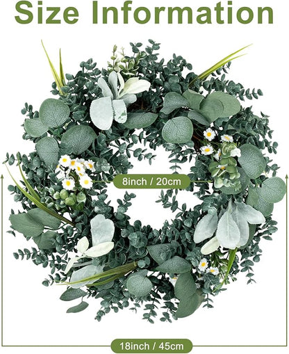 Wreath for Front Door, 18 Inch Spring Summer Eucalyptus Wreaths, Handmade Greenery Wreath All Season for Outside Window Wall Festival Farmhouse Indoor Outdoor Party Holiday Wedding Home Decor