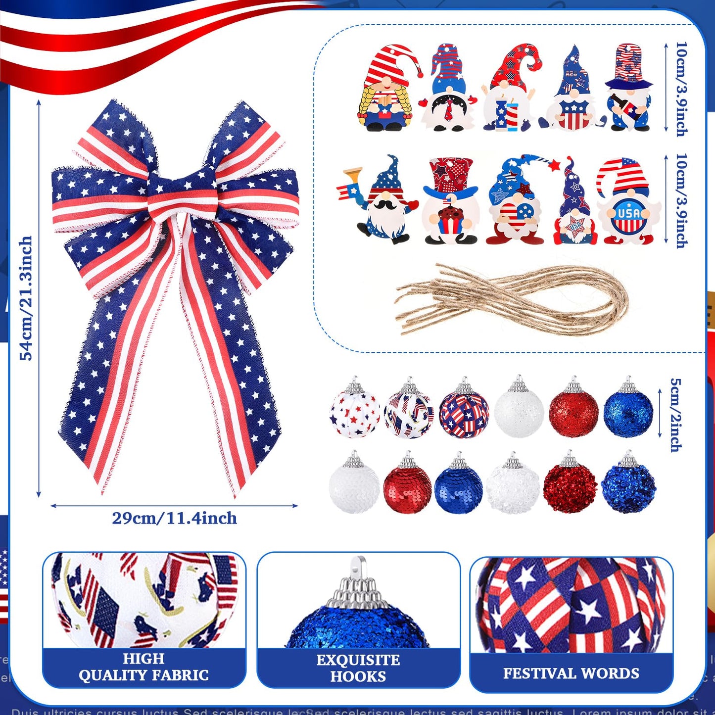 43 Pcs 4th of July Patriotic Tree Decorations Independence Day Christmas Tree Ornaments Ribbon Bow Topper Red White and Blue Hanging Ornaments for National Memorial Day Party