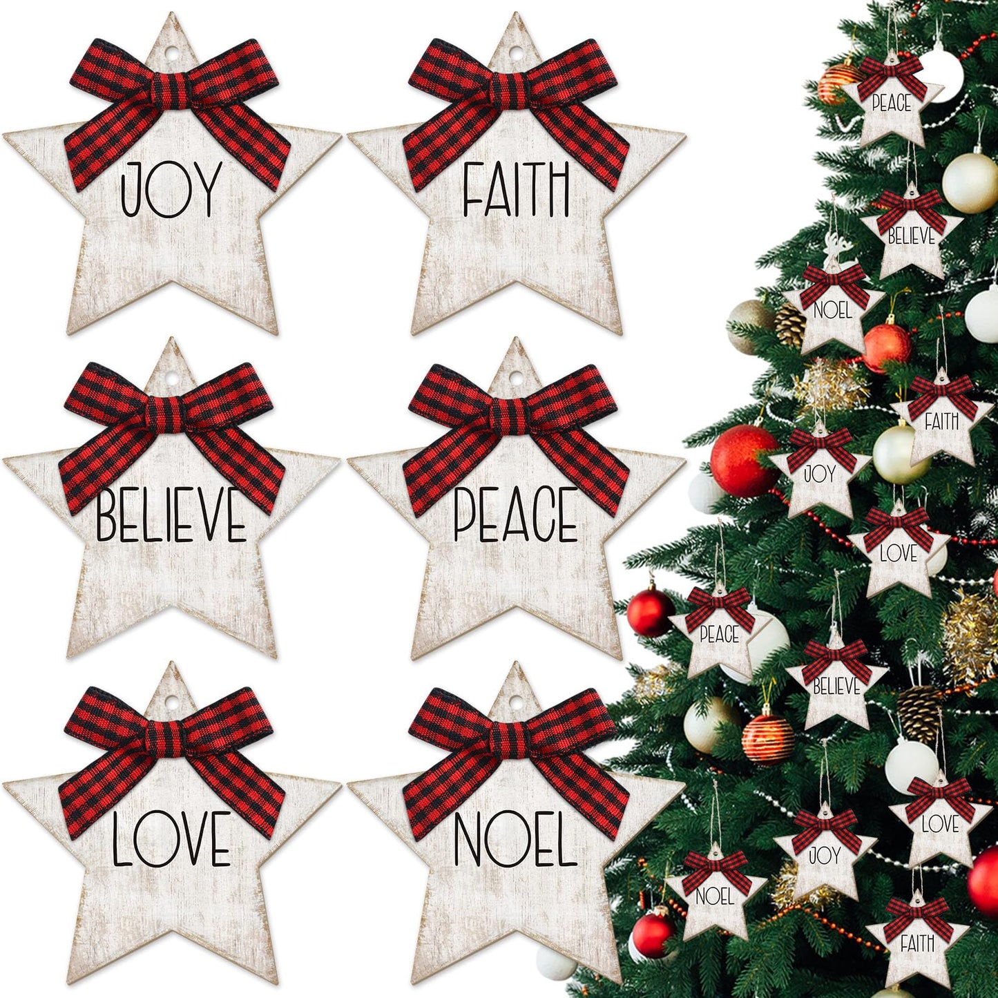 Vercraft 24 Pcs Christmas Star Ornaments Wooden Farmhouse Star Hanging Ornaments with Bows Wood Pendants for Xmas Tree Home Church Holiday Party Decoration