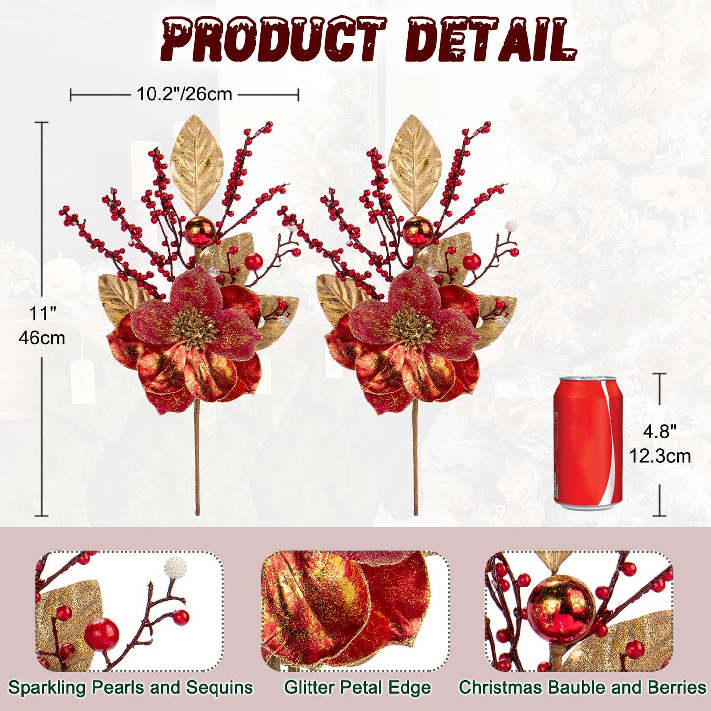 Briful 2PCS Christmas Glitter Magnolia Flowers Picks and Spray with Christmas Balls Ornament Red Berries Gold Leaves Branches for Xmas Tree Wreath Vase Floral Arrangement (Red Gold)