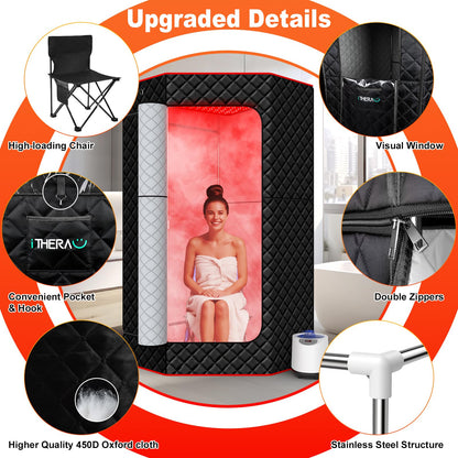I-THERA-U XL Infrared Sauna Box with True 660 & 850nm Red Light Therapy Lamp, Portable Red Light Sauna for Home, Full Body Steam Tent with 3L 1200w Steamer, 15 Levels Heat, Chair, Remote