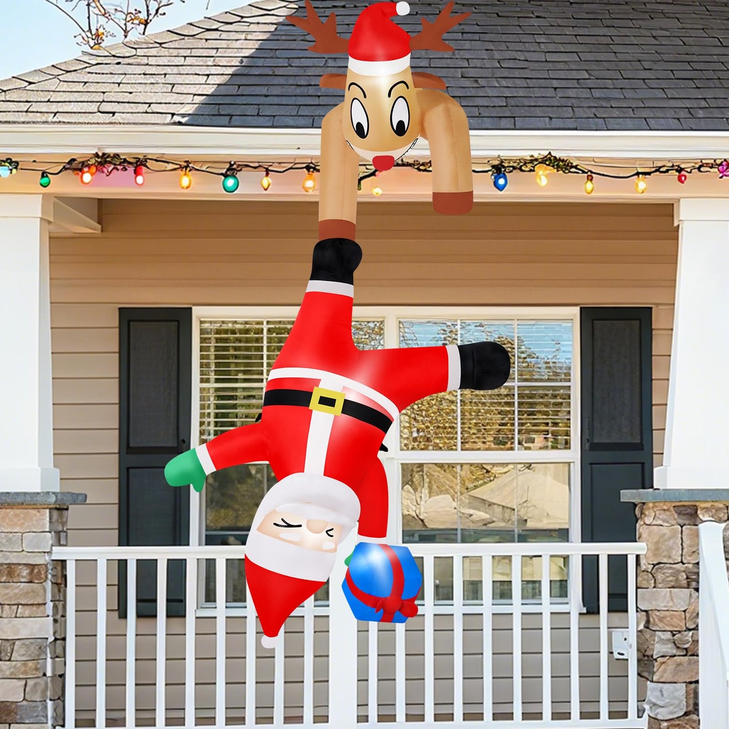 B&D 6FT Christmas Inflatable Reindeer Pulling Falling Santa Outdoor Decorations, Funny Hanging Inflatable Christmas Decorations Built-in LEDs Blow Up Yard Inflatable for Xmas Party Indoor Garden Roof