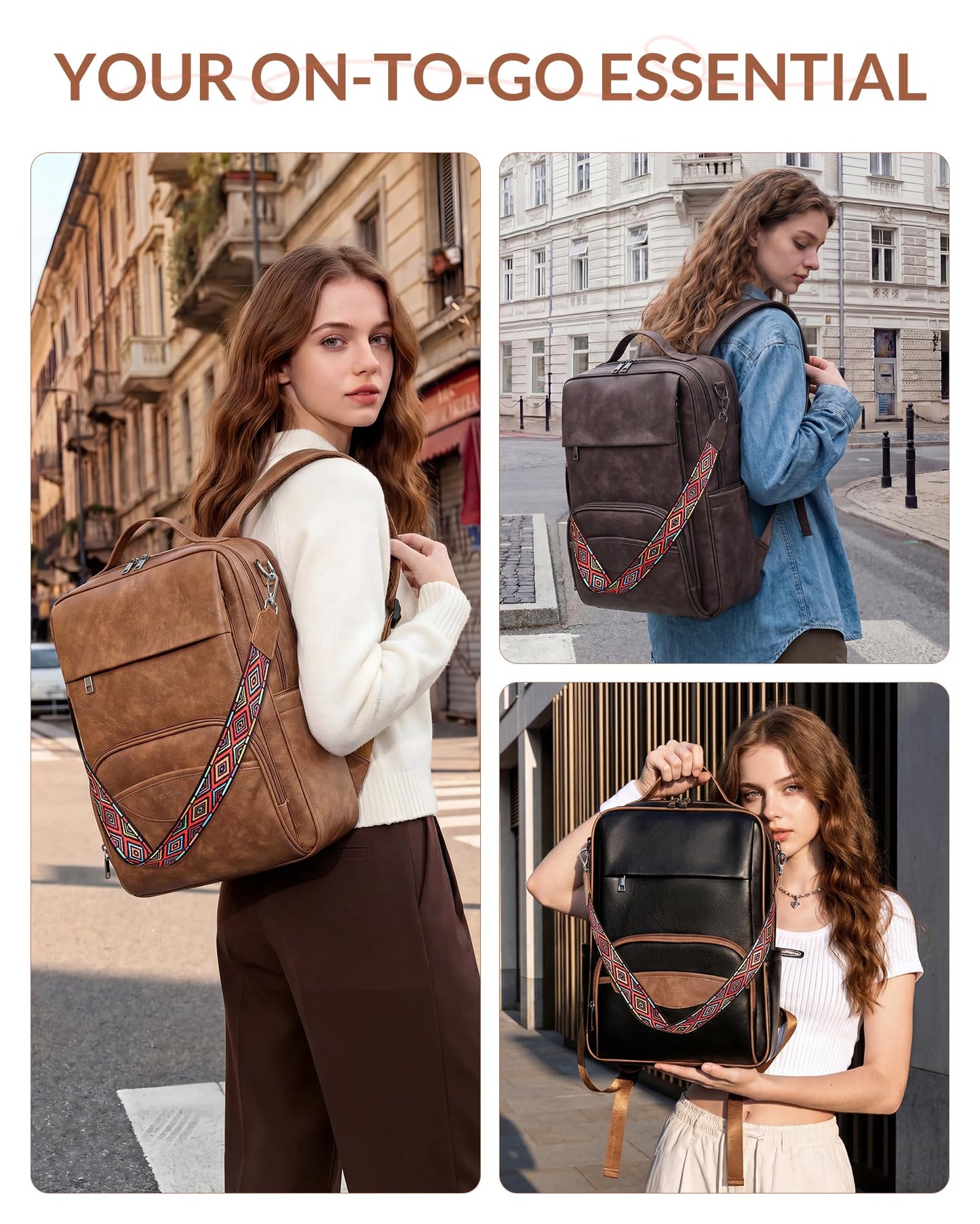 SYTRAH Leather Laptop Backpack for Women, 15.6 Inch Business Computer Bag, Designer College Backpack Travel Backpack with Colorful Shoulder Bag Strap Mocha Brown