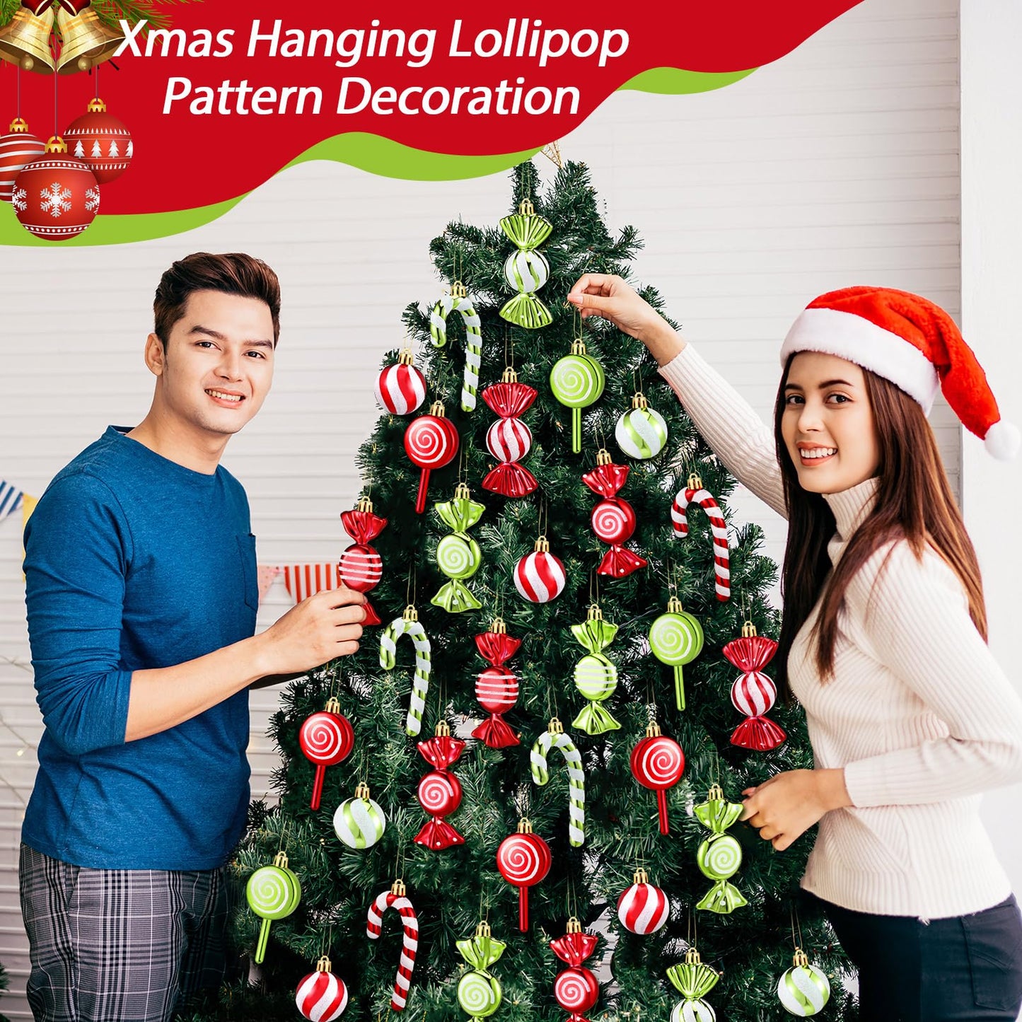 Liliful 30 Pcs Christmas Candy Cane Lollipop Ornaments Set Plastic Holiday Peppermint Candy Home Hanging Ornament Lollipop with Rope for Xmas New Year Party Decor(Red Green White)