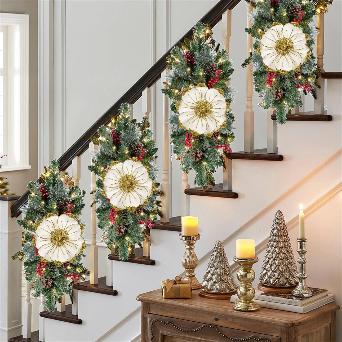 Briful 8in Magnolias Christmas Flowers Glittering Magnolia Flowers Artificial 6Pcs Cream Gold Magnolia Stems for Christmas Tree Decorations, Wreaths, Garland Real Touch Magnolia Xmas Picks