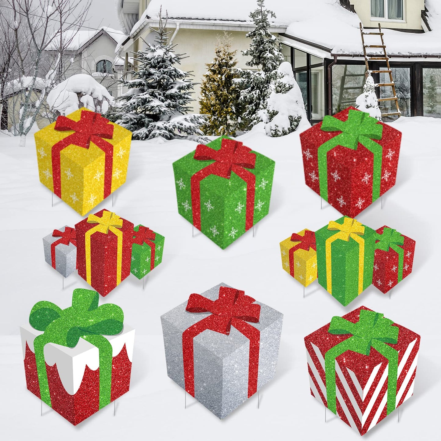 8 Pieces Christmas Yard Signs Glitter Gift Box Outdoor Lawn Decorations with 16 Stakes Funny Holiday Present Box Yard Decorations for Christmas Home Lawn Party Supplies