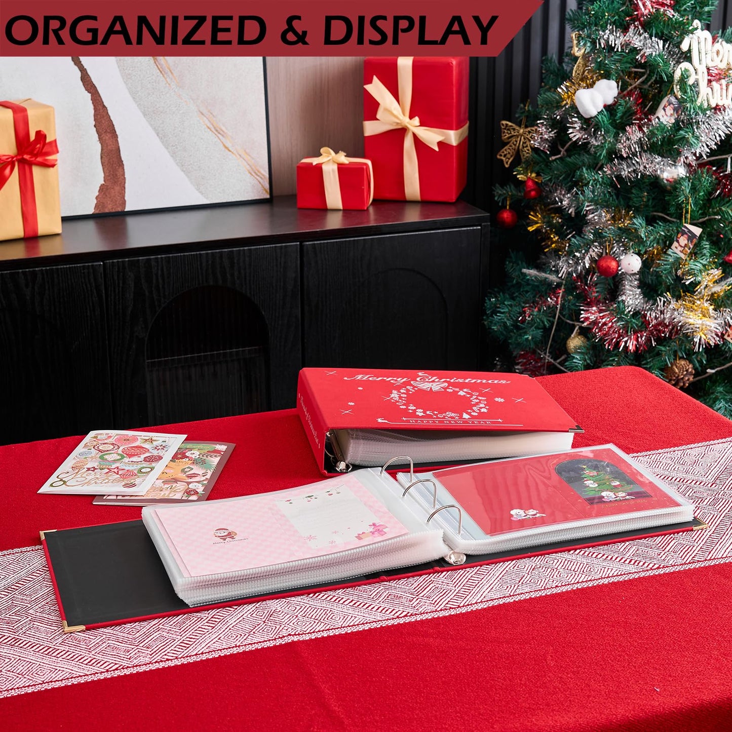 MANWU Christmas cards organizer binder album, greeting cards display organization Storage Holder, Cardkeeper special cards leather book, holds 100 cards (Golden)