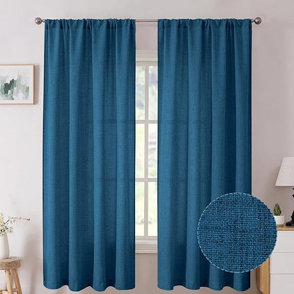 Tollpiz Short Linen Curtains Living Room Rod Pocket Semi Sheer Curtain Burlap Light Filtering Thick Linen Drapes for Bedroom, 54 x 54 inches Long, Classic Blue, Set of 2 Panels
