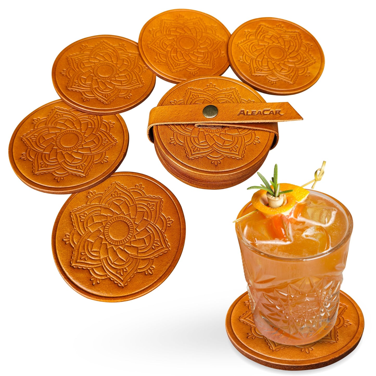 ALEACAR Handmade Leather Coasters 4" for Drinks - Set of 6 Modern Cup Coaster for Coffee, Wine, Desk, Table, Office - Coster for Outdoor Patio, Perfect Housewarming Gift & Home Décor (WoodBrown)
