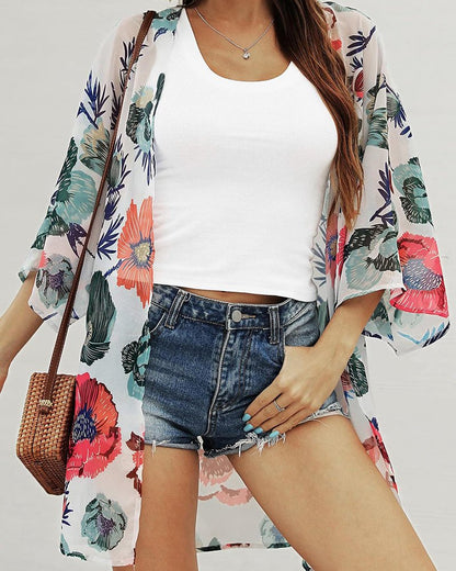 Women's Summre Kimono Cardigan Floral Print Sheer Chiffon Loose Casual Beach Cover Up Tops (Da White,L)