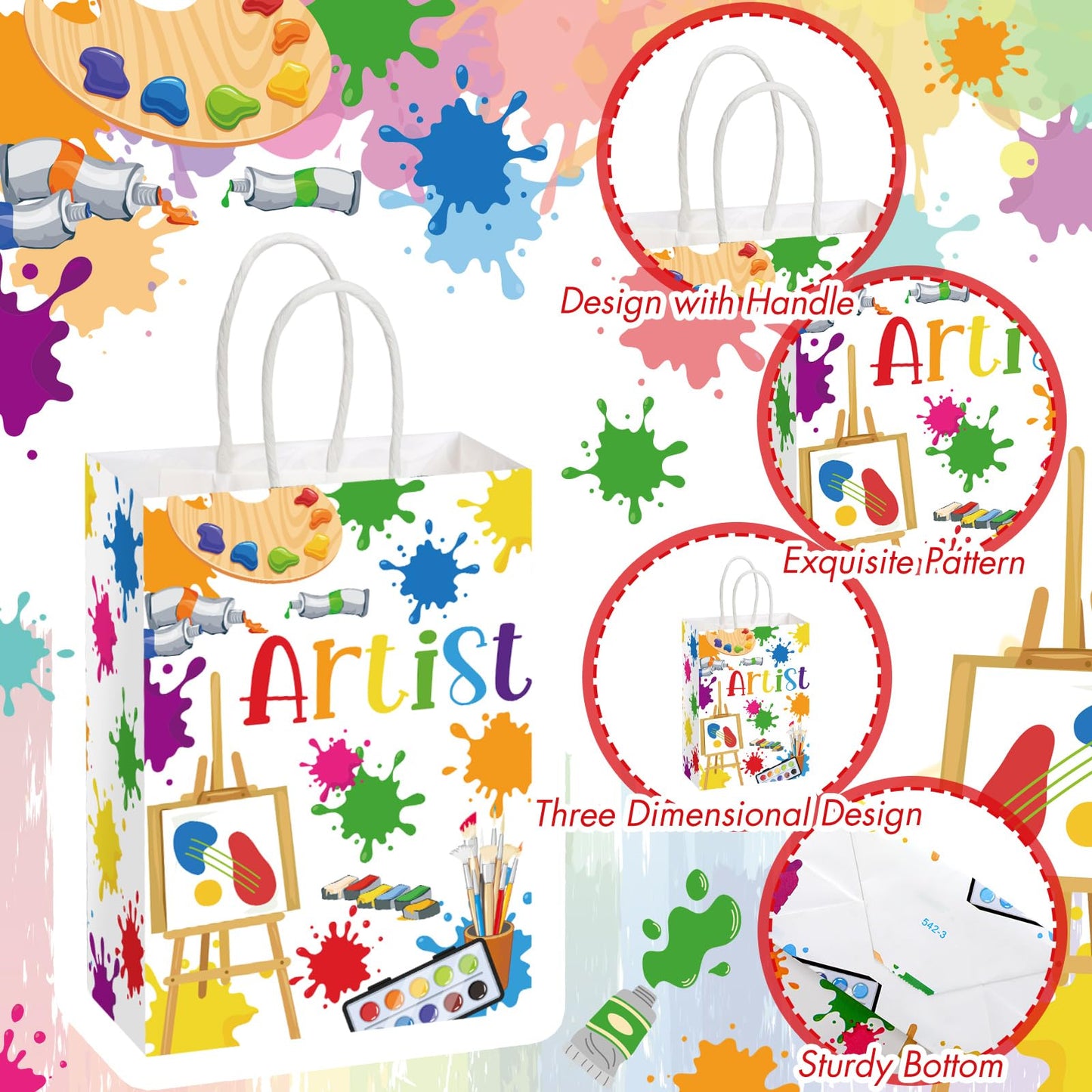 Kolldenn 24 Pcs Art Party Favors Bags Paint Gift Goodie Paper Bags with Handles Splatter Art Candy Pouch‌ Artist Treat Pouch‌ for Painting Splatter Birthday Party Decorations Supplies