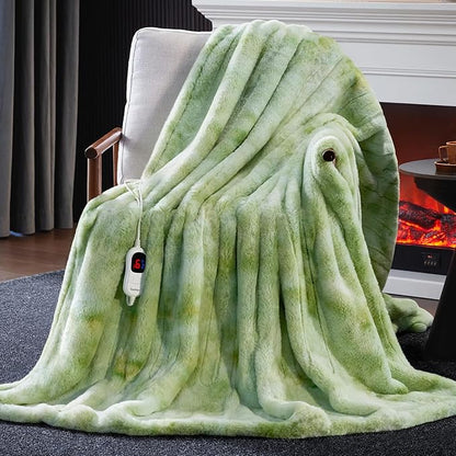 Guohaoi Heated Blanket Electric Throw, Soft Faux Rabbit Fur Electric Blanket with 10 Heating Levels 5 Sitting Timer Auto Off, Cozy Warm Heating Blankets, Machine Washable(50"×60" Light Green)