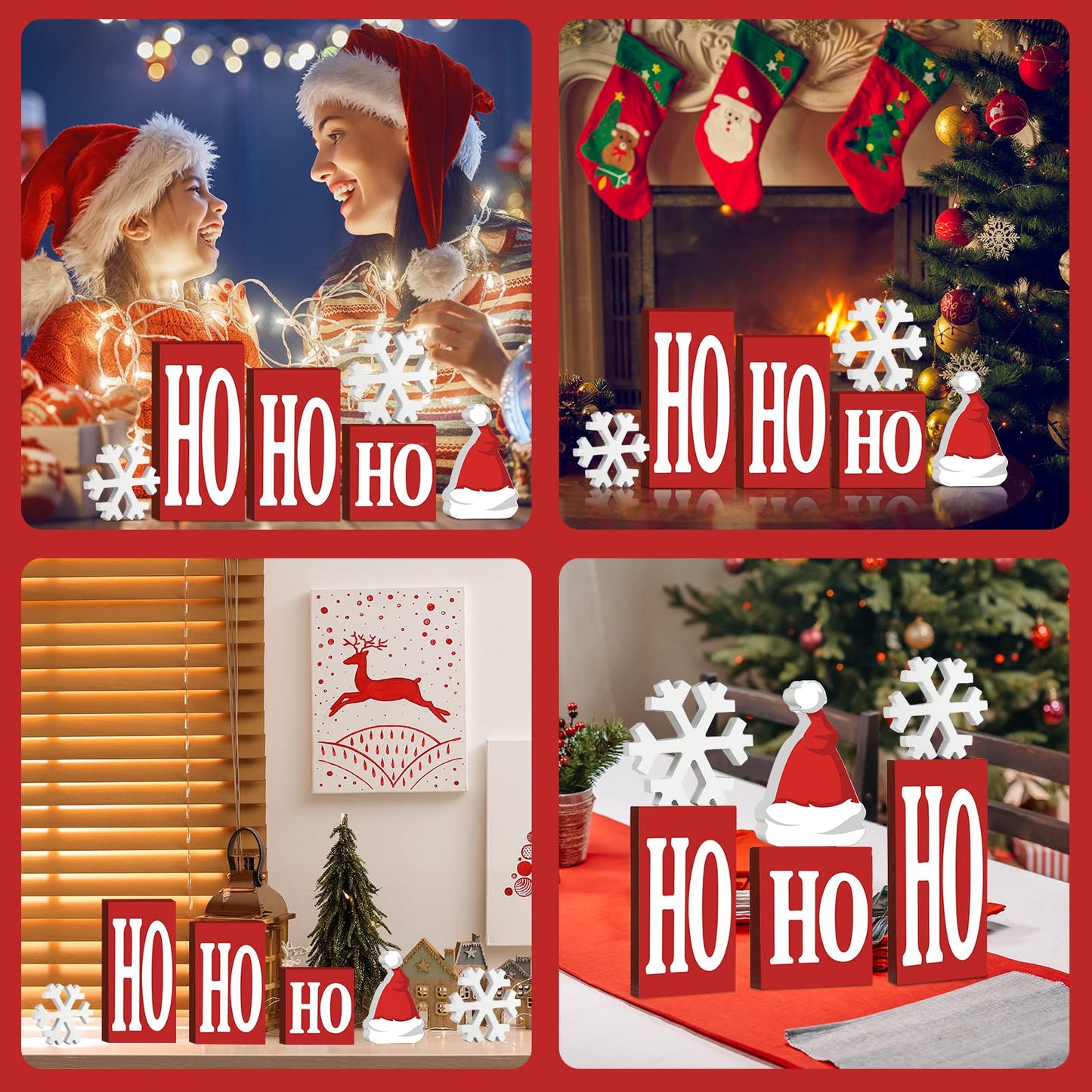 Qunclay 6 Pcs Christmas Wooden Decor Ho Ho Snowflake Table Decorations Sign Tiered Tray Decor Centerpiece Farmhouse Table Blocks for Home Party Mantle Shelf