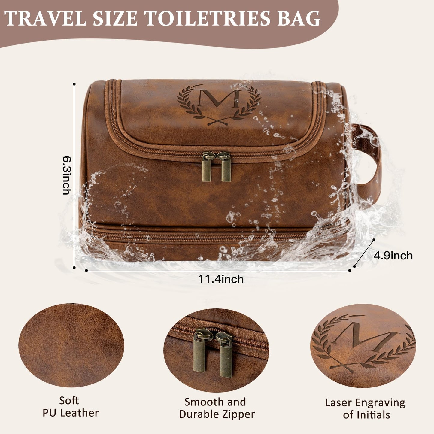 Aganmi Personalized Gifts Travel Toiletry Bag for Men Him, Laser-Engraved Initial PU Leather Waterproof Shaving Bag Christmas Birthday Gift for Men Dad Husband Boyfriend Groomsmen, Light Brown M
