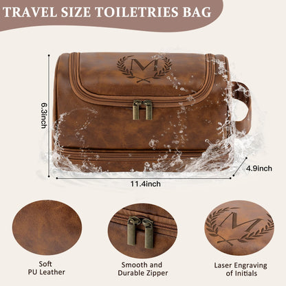 Aganmi Personalized Gifts Travel Toiletry Bag for Men Him, Laser-Engraved Initial PU Leather Waterproof Shaving Bag Christmas Birthday Gift for Men Dad Husband Boyfriend Groomsmen, Light Brown M